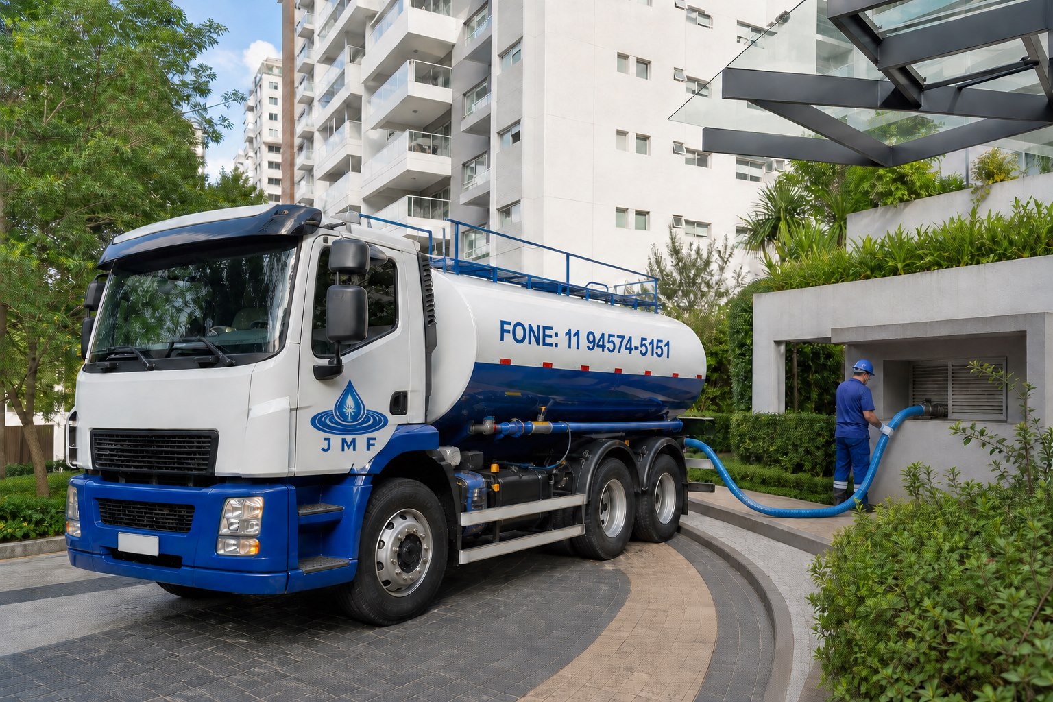 Caminhão-pipa com o logotipo JMF realizando abastecimento em condomínio